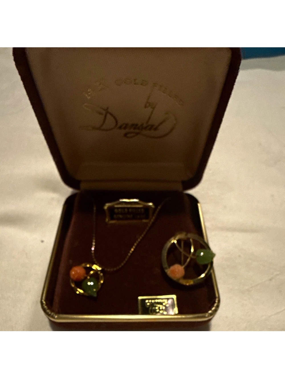 Gold-Tone Green and Orange Pendant Necklace and Brooch Set